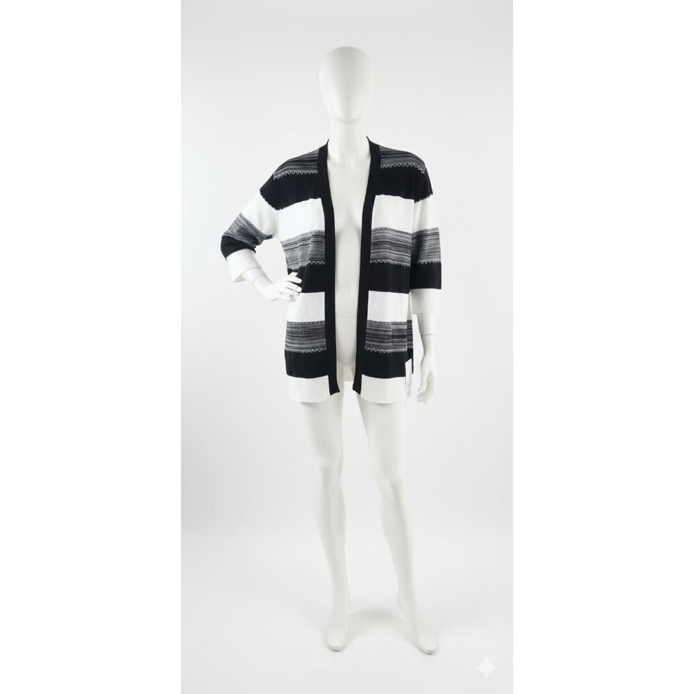 89th Madison‎ Women 2X Striped Open Front Cardigan Sweater Black White